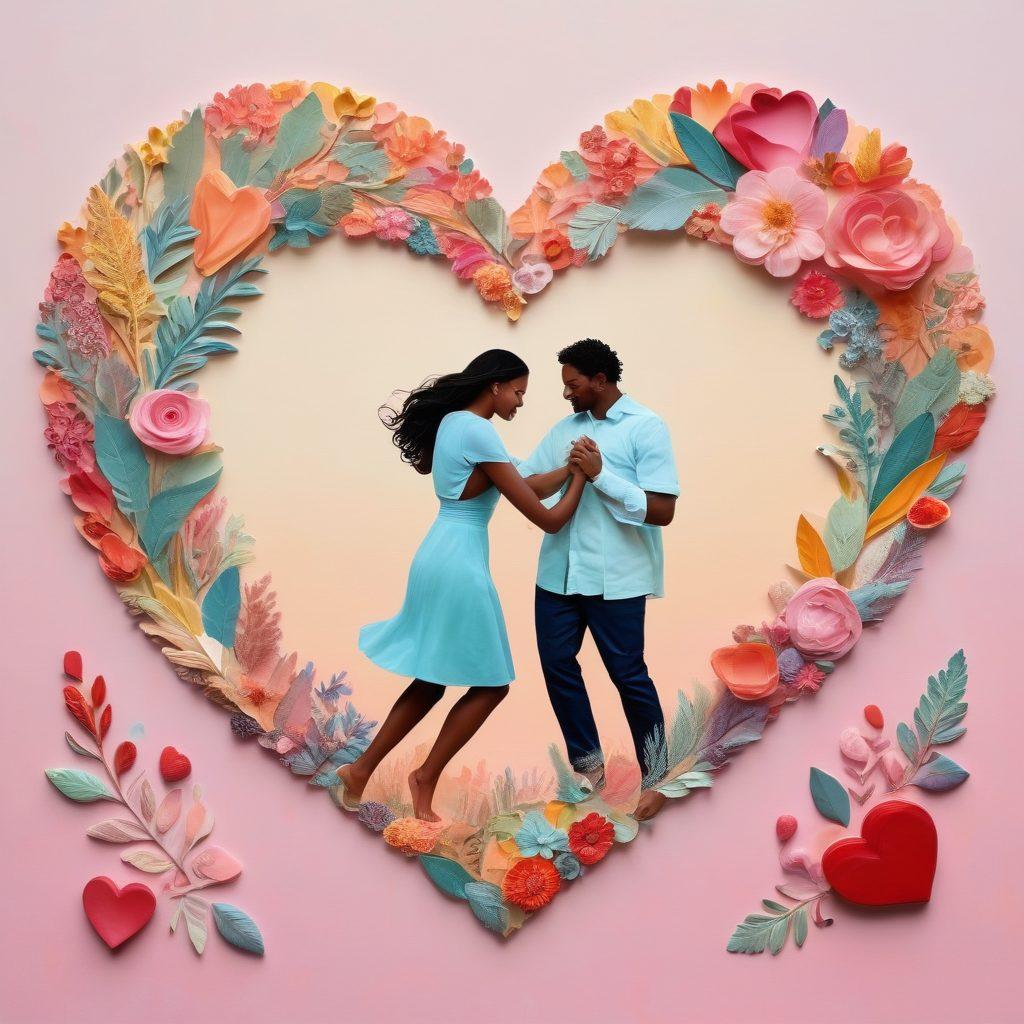 A heart-shaped collage depicting diverse couples engaged in passionate activities together, such as dancing, cooking, and exploring nature, symbolizing love and devotion. The background features soft pastel colors that evoke warmth and intimacy, while vibrant heart motifs float gently around the scene. The overall composition radiates joy and connection. super-realistic. soft pastel colors. vibrant heart motifs. warm ambiance.