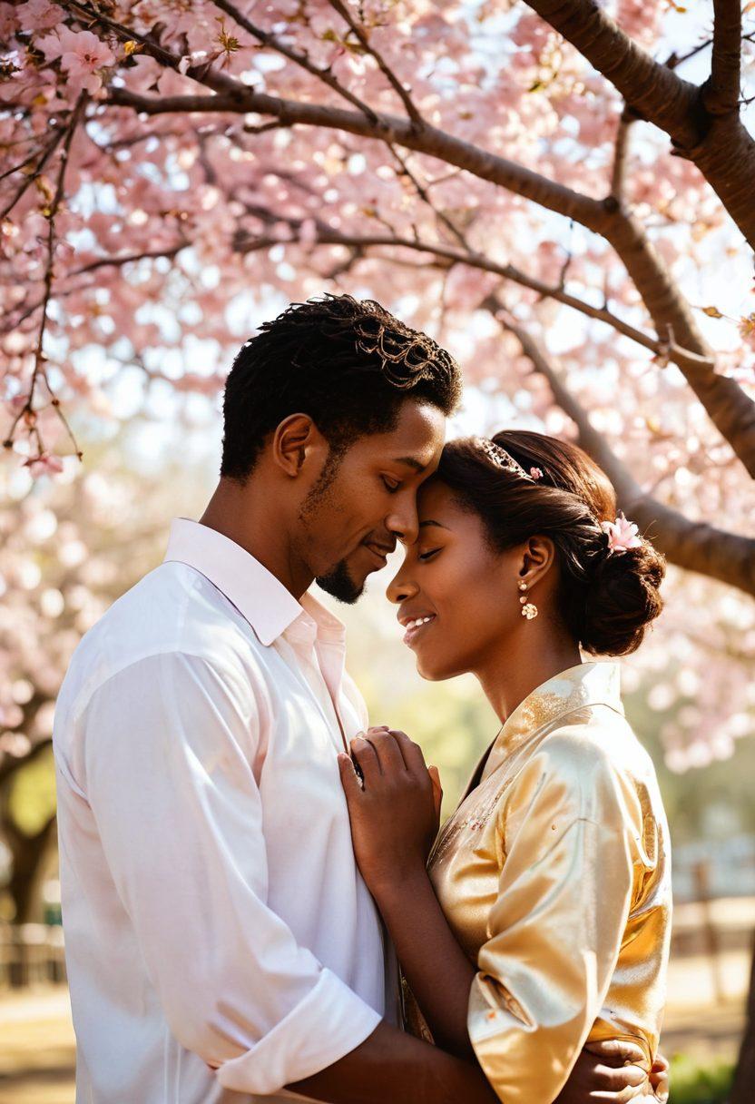A warm, intimate scene depicting two diverse individuals sharing a heartfelt moment under a blooming cherry blossom tree, symbolizing love and connection. Soft sunlight casts a golden hue, illuminating their expressions of joy and warmth. Surround them with gentle butterflies and falling petals to enhance the feeling of affection and togetherness. super-realistic. vibrant colors. soft focus.
