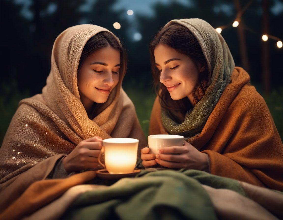 A cozy scene depicting two friends sitting together under a starry night sky, sharing secrets while wrapped in warm blankets. One has a steaming cup of tea, the other a journal, symbolizing trust and connection. Soft lighting illuminates their faces, highlighting genuine smiles and warmth. Gentle greenery surrounds them, enhancing the intimacy of the moment. super-realistic. warm colors. soft focus.